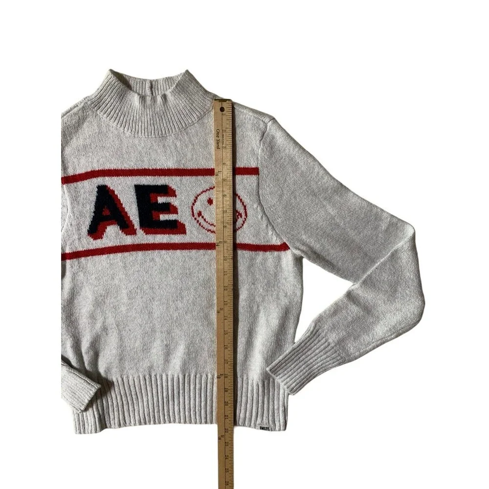 New! American Eagle Smiley  Mockneck Sweater gray Marled Blue Red Logo Women's M
